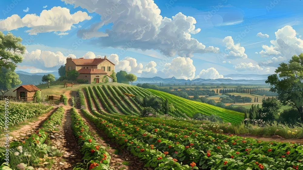 panoramic view of a lush farm landscape, where crops stretch to the horizon and a rustic farmhouse stands as a beacon of rural life.