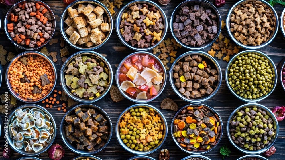 overhead shot of an array of pet bowls filled with nutritious meals, illustrating the importance of balanced diets for animal health.