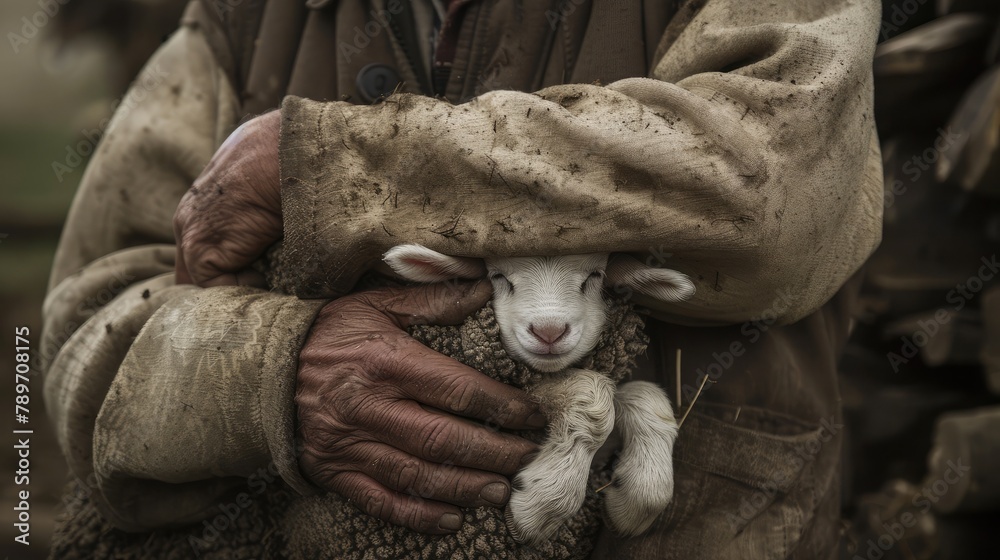 intimate portrait of a farmer cradling a newborn lamb in their arms, showcasing the tender bond between caretaker and creature. intimate portrait of a farmer cradling a newborn lamb in their arms, showcasing the tender bond between caretaker and creature.