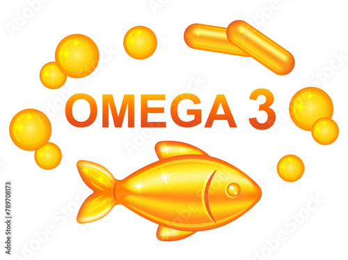 Fish oil Omega 3 vitamin pills capsule, polyunsaturated fatty acid medical pharmacy gel tablet for health. Seafood, diet food supplement. Sea animal fat. Skin care beauty product package sign. Vector