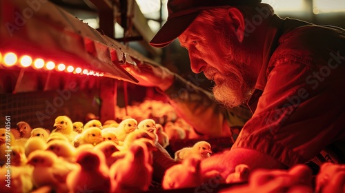 farmer inspecting a batch of newly hatched chicks under the warm glow of a heat lamp, illustrating the care and attention given to raising healthy poultry.