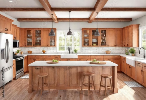 Traditional kitchen design with wood cabinets and island, Interior of kitchen with wooden cabinetry and island centerpiece, Rustic kitchen featuring wood cabinets and central island. photo