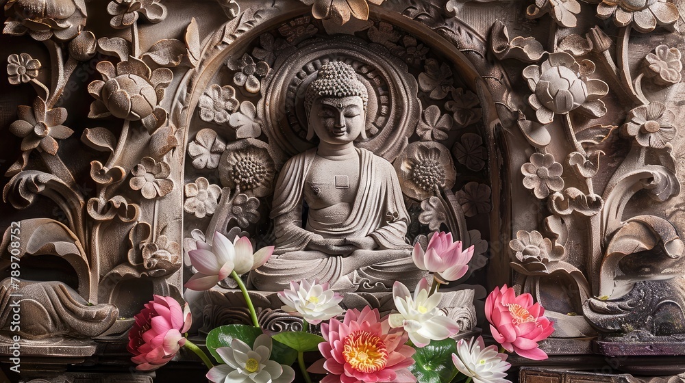 elegant Buddhist shrine with an intricately carved Buddha statue and a bouquet of fresh lotus flowers, radiating reverence, devotion, and peace.