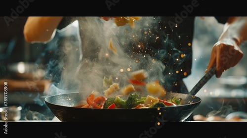 dynamic shot of a chef skillfully tossing vegetables in a sizzling wok, infusing the air with the tantalizing aroma of stir-fry.