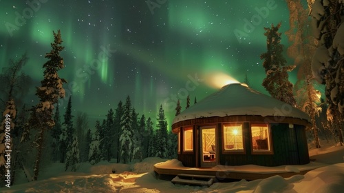 Cozy up in a pod designed to mimic a traditional snow yurt with a stunning view of the Northern Lights above. 2d flat cartoon.