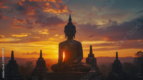 dynamic shot capturing the silhouette of a Buddha statue against a glowing sunset sky, imbuing the scene with a sense of divine radiance and tranquility. photo