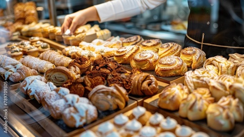 customer selecting a mouthwatering selection of sweet and savory pastries from a bakery counter
