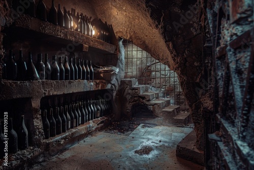 A dark cave with stairs, wine bottles, and mysterious ambiance