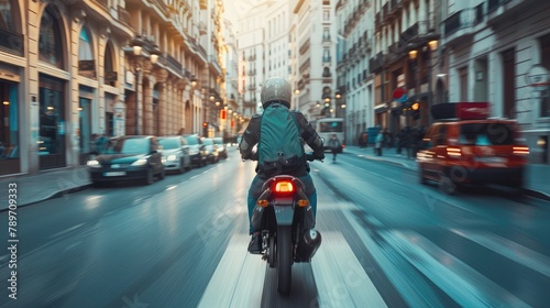 courier navigating through urban traffic on a motorbike, delivering packages with speed and agility photo