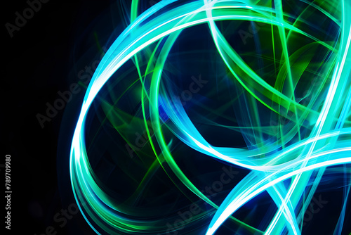 Vibrant neon blue and green abstract lines. Captivating artwork on black background.