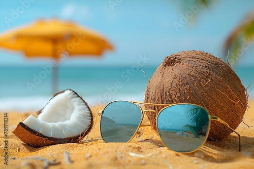 Un coco en la playa con unos lentes de sol al fondo una sombrilla amarilla y el mar. Turismo y Vacaciones de verano photo