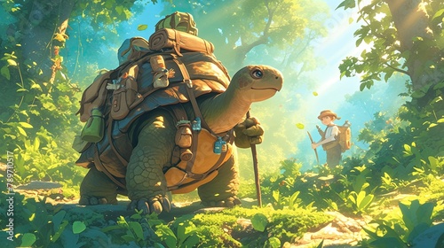 A giant cartoon tortoise wearing a backpack, setting off on a hiking adventure through a lush forest , 3d style photo