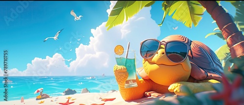 Beach Vacation The tortoise is lounging under a giant palm tree, wearing sunglasses and sipping a tropical drink , 3d style © Mini