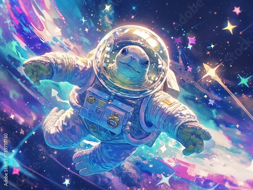 Astronaut Exploration The tortoise is wearing a vintage astronaut suit, floating near a colorful nebula in space , 3d style