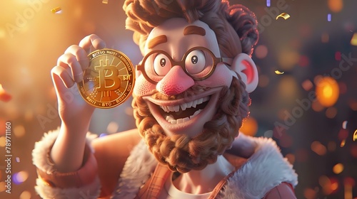 Whimsical Bitcoin Celebration: Animated Character Embraces Digital Currency