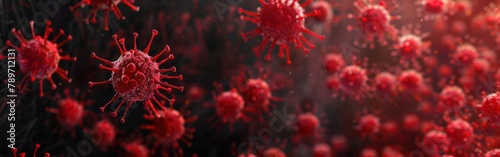 Microscopic View of Influenza Virus Cells on Red Virology Medicine Science Banner Background: COVID, Flu, and Outbreak Concept with Abstract D Viruses Isolated on Black Texture photo