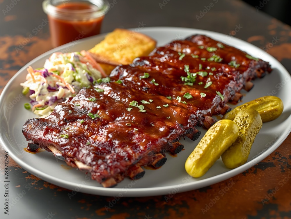 A plate of ribs with coleslaw and pickles A plate of ribs with coleslaw and pickles