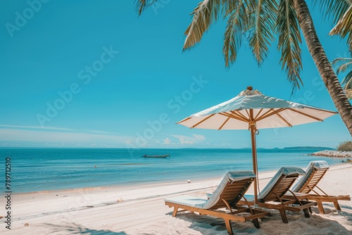 Beach with umbrellas, chairs, and trees providing shade