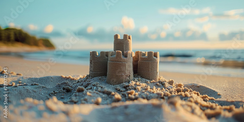 Sand castle, beach background. vacation hobby