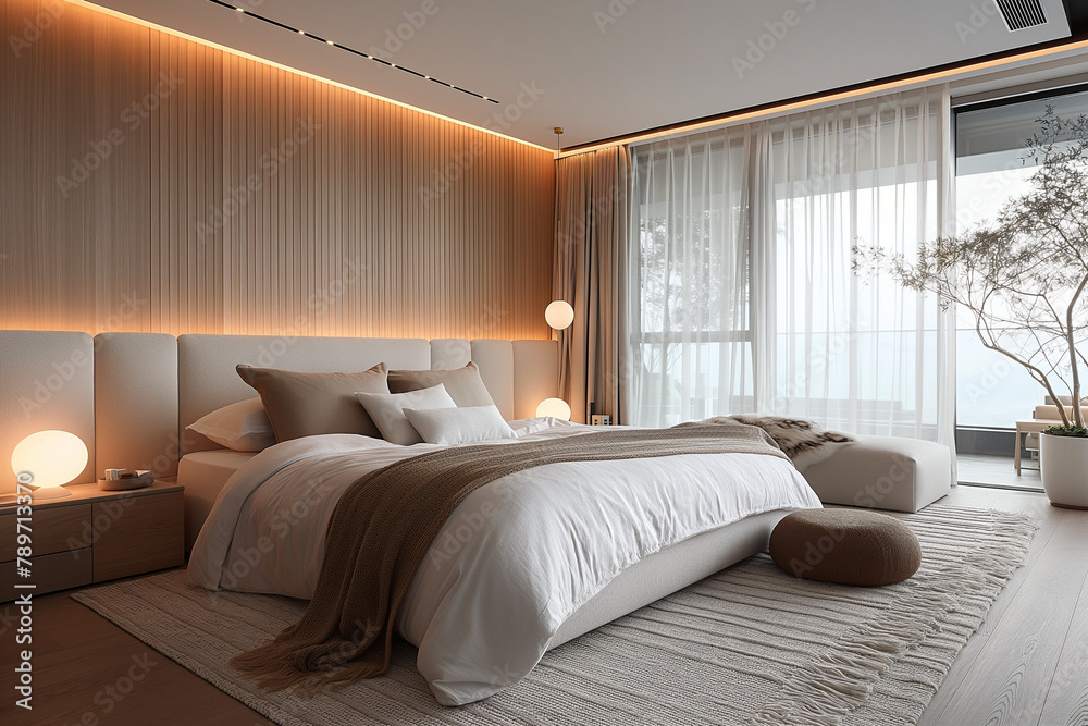 Rome master bedroom with minimalist soft textures, twilight lighting, and earth tones, providing a serene and elegant sleeping environment.