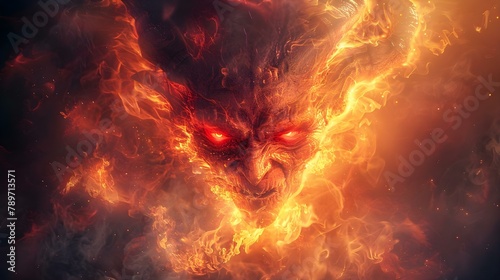 Intense Infernal Lord Engulfed in Flames. Concept Fantasy Art, Inferno, Demon Slayer, Hellfire Battle photo