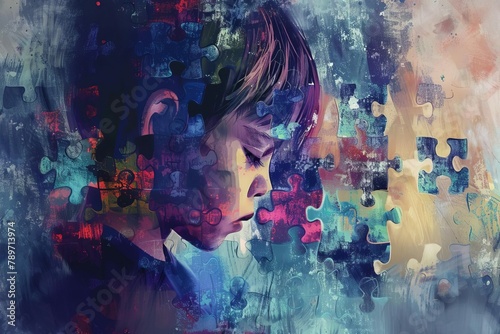 sad child with autism puzzle pieces background mental health awareness digital painting