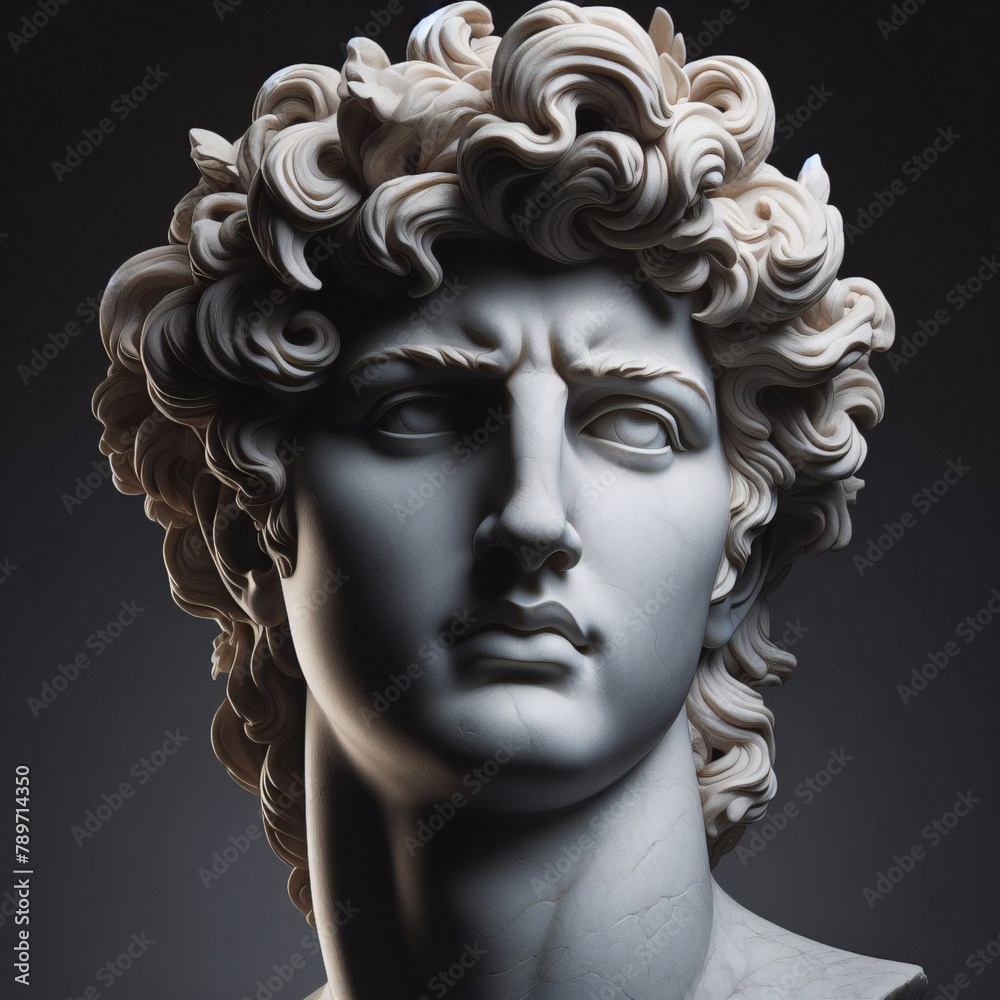 Portrait of a plaster statue of Apollo isolated on black. Gypsum statue of Apollo's bust. Greek god statue. Male statue of a Roman deity, muscular Apollo in Olympus.
