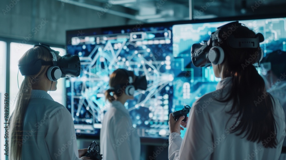 Against a backdrop of sleek and modern office decor a team of translators huddle around a large screen displaying a virtual reality simulation. With headphones on and controllers in . Against a backdrop of sleek and modern office decor a team of translators huddle around a large screen displaying a virtual reality simulation. With headphones on and controllers in .