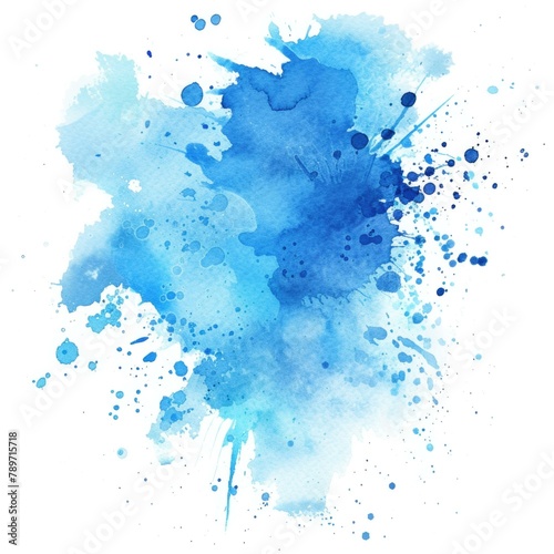 Blue watercolor paint splatter on white background. Generative AI.