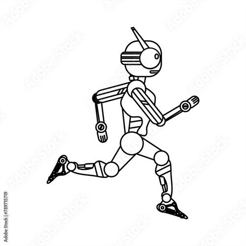 line art illustration of a running robot with antennas for icon or logo