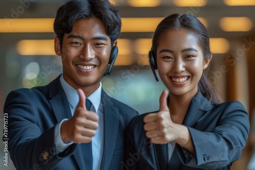 Asian business couple giving thumbs up. Generative AI.
