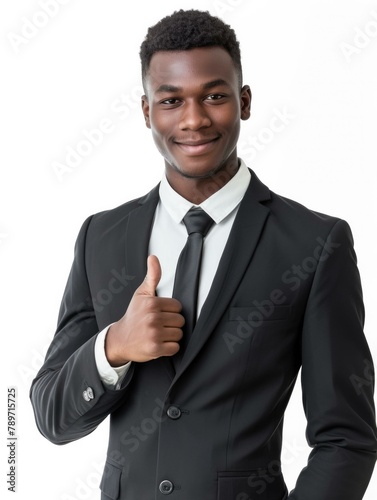 A young african man in a suit and tie giving the thumbs up. Generative AI.