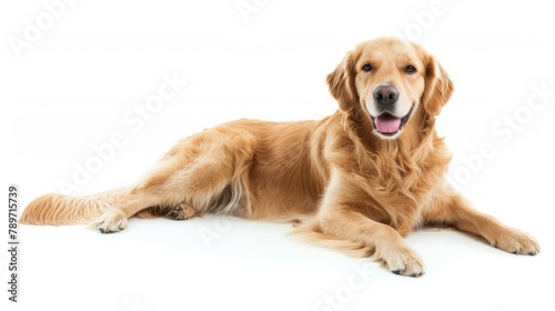 Golden retriever dog sitting on white background. Generative AI.