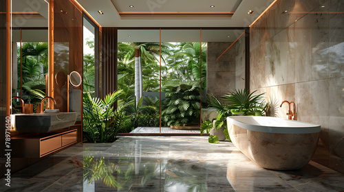 Modern luxury bathroom with tropical style garden view 3d render,There are marble floor and wall and copper frame mirror,Rooms have large windows, overlook nature view photo