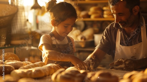 A young girl helps her father in their family bakery her small hands delicately shaping dough into rolls. The sun is just starting to peek over the horizon casting a warm glow over .