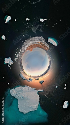 Greenland Polar Circle tiny planet inverse with icebergs photo