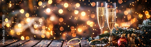 Festive New Year's Eve Celebration with Champagne, Sparkling Wine, and Fireworks Display on Wooden Table