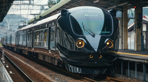 Black modern futuristic high speed train in the city photo