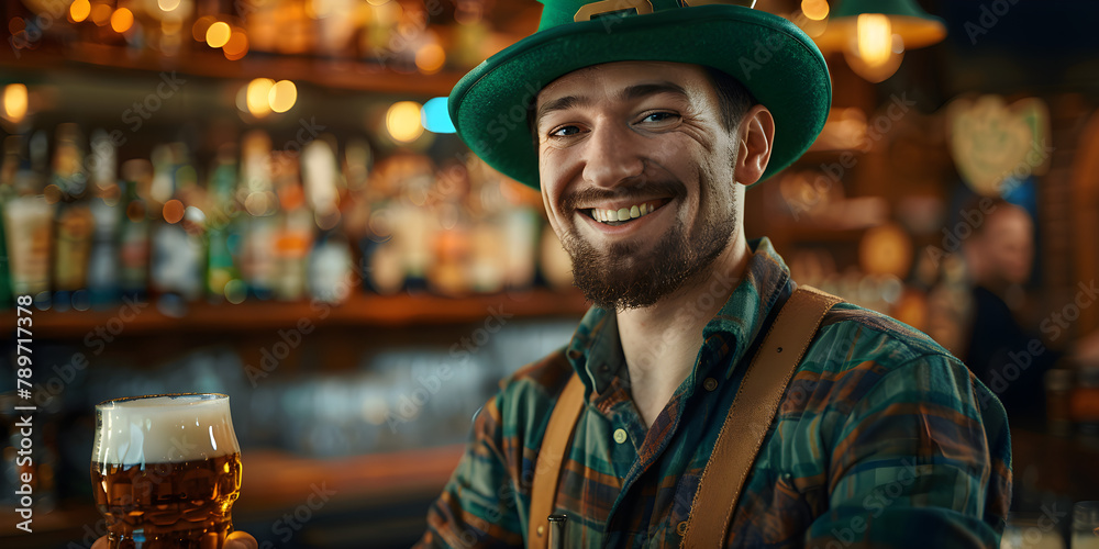 A smiling barman in a green St. Patrick's hat serving beer at a festive celebration. A smiling barman in a green St. Patrick's hat serving beer at a festive celebration.