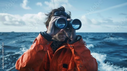 A biologist stands on a boat binoculars in hand scanning the horizon for any signs of endangered marine animals in need of protection. .