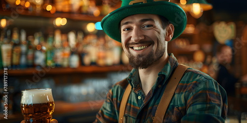 A smiling barman in a green St. Patrick's hat serving beer at a festive celebration.