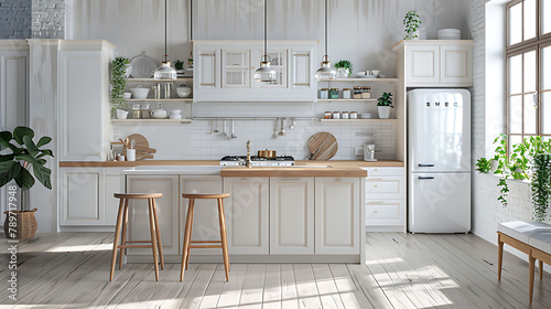 Scandinavian classic kitchen with wooden and white details, minimalistic interior design 3d illustration, realistic interior design