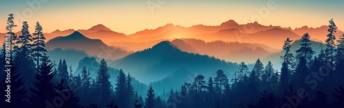 Valley Silhouette: Dark Blue and Orange Mountains and Forest Panorama
