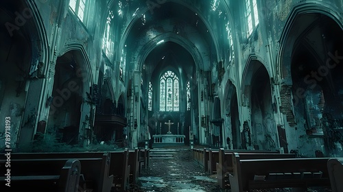 Abandoned Sanctuary: A Haunting Hush. Concept Abandoned Buildings, Creepy Atmosphere, Urban Exploration, Decaying Beauty, Eerie Silence photo