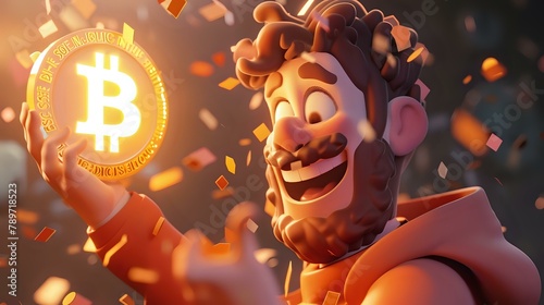 Playful Bitcoin Celebration: Animated Character Embraces Cryptocurrency Joy