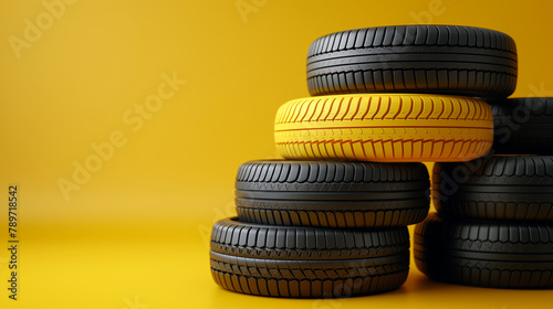Yellow and black tires on yellow background, Stack of new tires. Generative AI