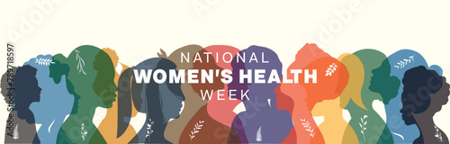 National Women's Health Week banner design. It features a colorful silhouette of women. Vector illustration