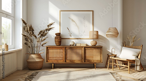 Stylish scandinavian living room interior with modern wooden commode, stylish lamps, plants, rattan basket, sculpture and elegant personal accessories, Mock up paintings on the white wall, Template, 