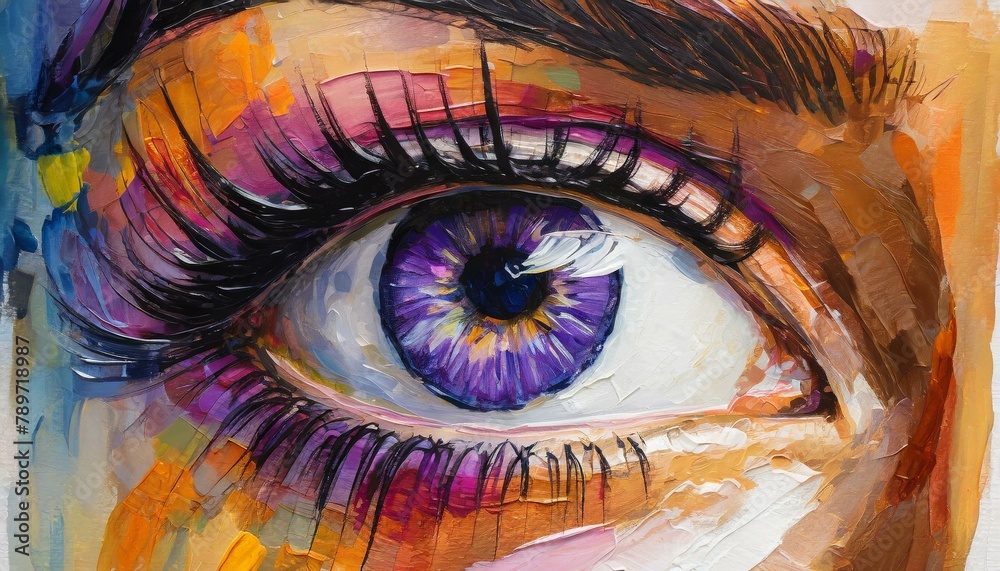 A vibrant painting showcasing a womans eye with violet iris, detailed eyelashes, and flawless eyebrow on a white canvas. A beautiful piece of art depicting vision care and human body beauty