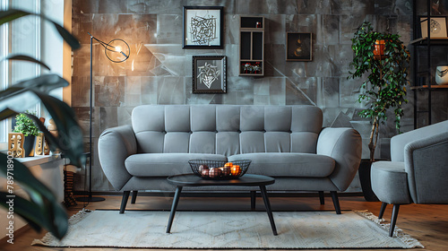 The stylish compostion at living room interior with design gray sofa, armchair, black coffee table, lamp and elegant personal accessories, Loft and industrial interior, Template,  photo